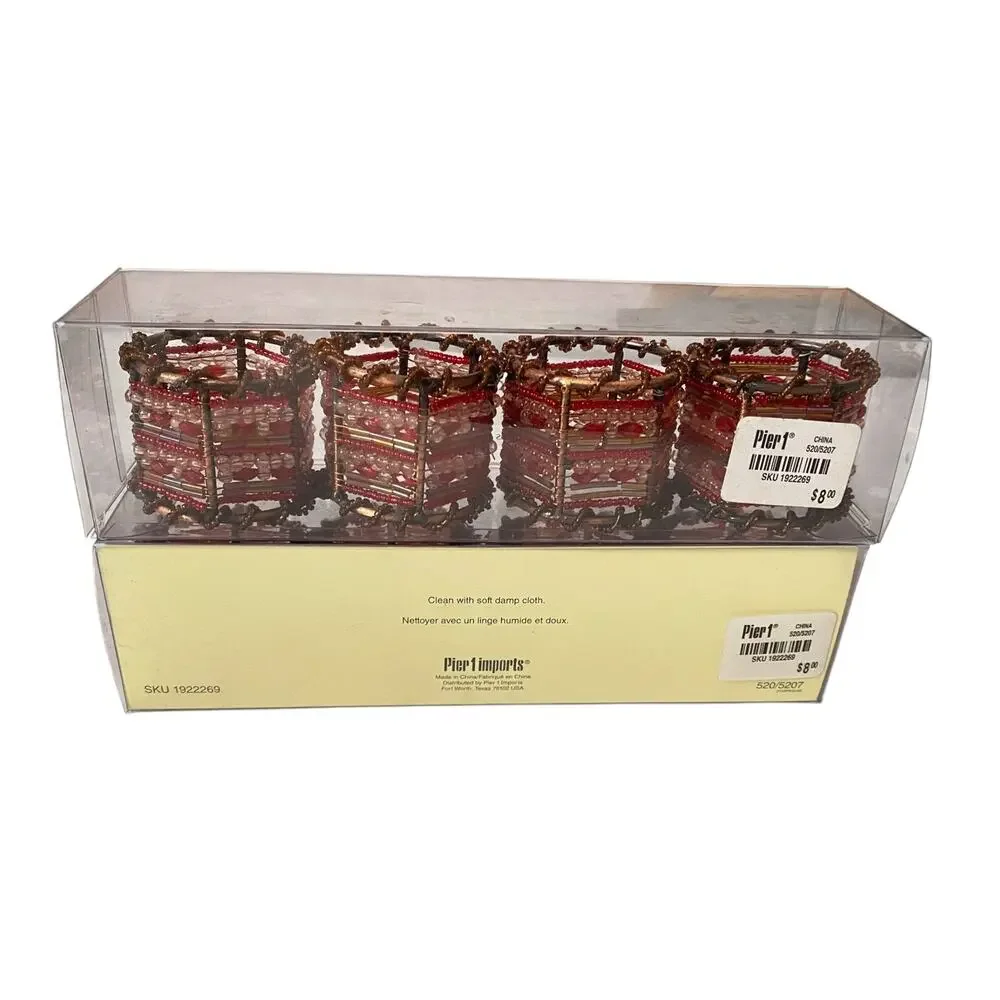 Pier 1 Beaded Napkin Rings Set of 8 Red Copper Moroccan Boho Table Decor